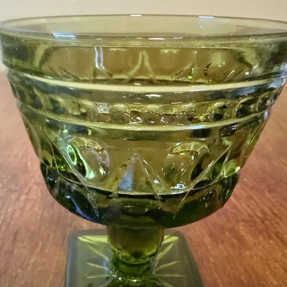 Vintage Indiana Glass Colony Avocado Green Pressed Glass Sherbet Goblets 2 MCM